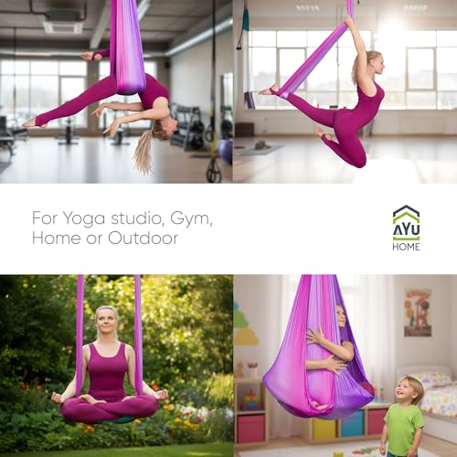 AyuHome Aerial Silks Yoga Swing Aerial Hammock Kit for Home | Premium aerial silks yoga swing kit with rigging hardware for aerial yoga, gymnastics, and home fitness - color: Aerial silk - Purple & Pink - New