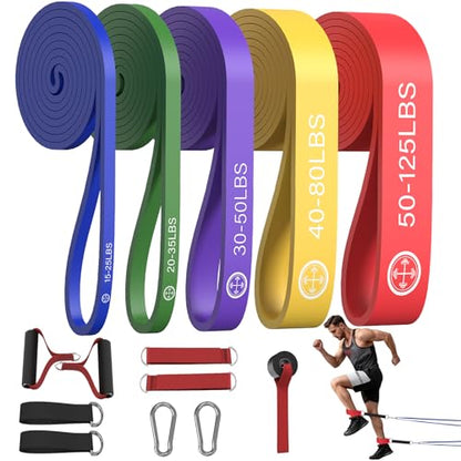 Exercise Bands，Set of 6 Resistance Bands for Working Out,Pull Up Bands Set,at Home Workout Equipment,Instruction Guide and Carry Bag Included - color: 5set（Blue+green+purple+yellow+red+handles&ankle straps ）