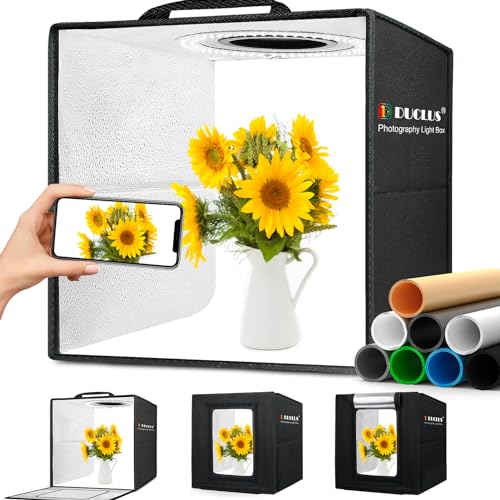 Light Box Photography, 12"x12" Photo Booth Box with 120 LED Lights Dimmable & CRI＞95, Portable Lightbox with 8 Backdrops for Mini Product Photography: Jewelry, Cards, Watches - size: 12 inches