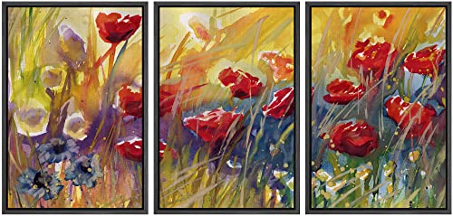 wall26 - 3 Piece Framed Canvas Wall Art - Poppies, Flowers, Modern Home Art Stretched and Framed Ready to Hang - 16"x24"x3 Black - color: Artwork - 04, size: 16" x 24" x 3 Panels BLACK