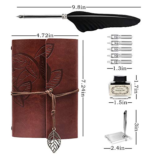 GCCL Quill Pen and Ink Set, Antique Feather Dip Calligraphy Pen Set, including Feather Pen, 5 Replacement Nibs, Pen Nib Base, Notebook, Ink, Gift Box, Best Gifts for Men Dad (Black) - color: Black
