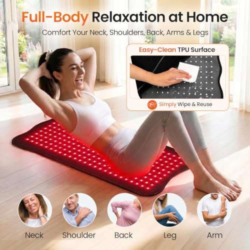 33" x 14" Red Light Therapy Mat for Body Pain Relief, 320 LEDs, 45W | 660nm&850nm Large Infrared Light Therapy Pad for Home Use, Easy-Clean Design, 4 Modes, 5 Intensity Levels, 10-90 Min Timer