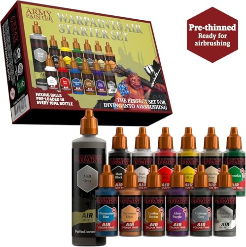 The Army Painter, Warpaints Air Starter Set, 12 x 18 ml | Acrylic Airbrush Paints, incl. 1 Metallic & 1 Grey 100ml Primer - Air brush Paint Kit for models and miniature painting - color: Air Starter Set