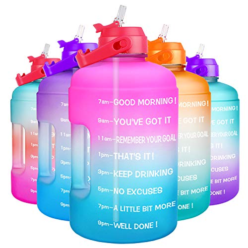 QuiFit 1 Gallon Water Bottle - with Straw & Motivational Time Marker Leak-Proof BPA Free Reusable Gym Sports Outdoor Large(128OZ/73OZ) Capacity Water Jug - color: QFA8 Pink/Blue Gradient, size: 128 Ounces