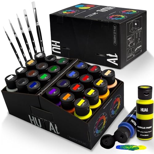 HUAL Acrylic Paint Set With 5 Brushes, 24 Colors (60ml, 2oz) for Artists Kids Beginners & Painters,Model/Canvas/Rock/Fabric/Glass/Stone/Ceramic/Wood Painting, Non Toxic - color: Black Bottle
