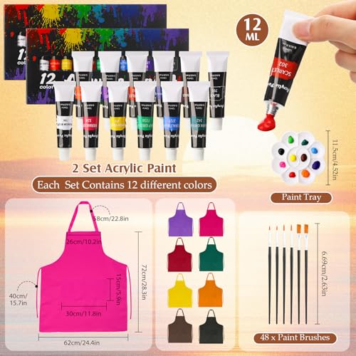 Cholemy 114 Pcs 16 Set Sip and Paint Kit for Adults 8'' x 10'' Pre Drawn Canvas Acrylic Painting Set Apron Brush Palette Date Night Party Supplies