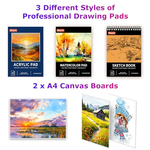 iBayam 195PCS Art Supplies Kit, Sketch Book, Acrylic Pad, Watercolor Pad | Painting, Drawing & Art Supplies for Kids Teens Girls Boys Adult, 195-Pack Deluxe Artist Gift Wooden Case with A4 Canvases - color: Blue