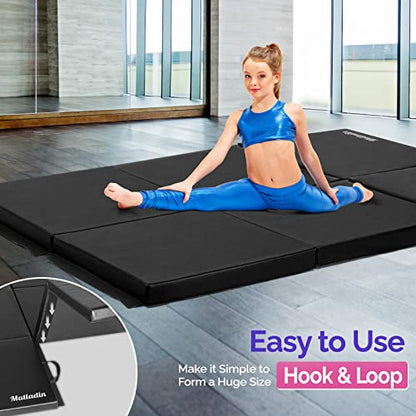 Matladin 6' Folding Tri-fold Gymnastics Gym Exercise Aerobics Mat, 6ft x 2ft x 2in PU Leather Tumbling Mats with Hook & Loop Fastener for Stretching Yoga Cheerleading Martial Arts - color: Black-2 Pack