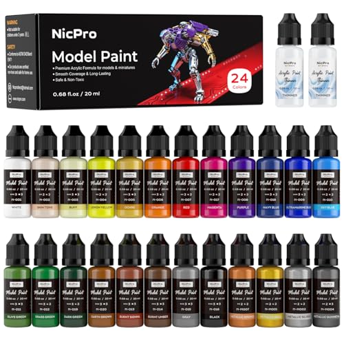 Nicpro 24 Colors Model Paint Set, 20ml Ready to Use Modeling Acrylic Paints | Brush & Airbrush Compatible, Miniature Paint Set for Beginner & Professional on Model, Scale Figure, Crafts, with 2 Thinner - style: 24 Colors Set