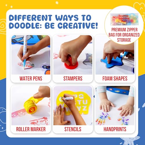 Water Doodle Mat 40 x 32 Inch – Mess Free Toddler Painting Toys, Water Drawing Mat for Kids Ages 3+ with Roller, Stamps, Markers, Water Pens, Foam Shapes, Stencils & Pouch