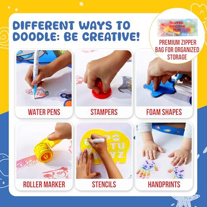 Water Doodle Mat 40 x 32 Inch – Mess Free Toddler Painting Toys, Water Drawing Mat for Kids Ages 3+ with Roller, Stamps, Markers, Water Pens, Foam Shapes, Stencils & Pouch