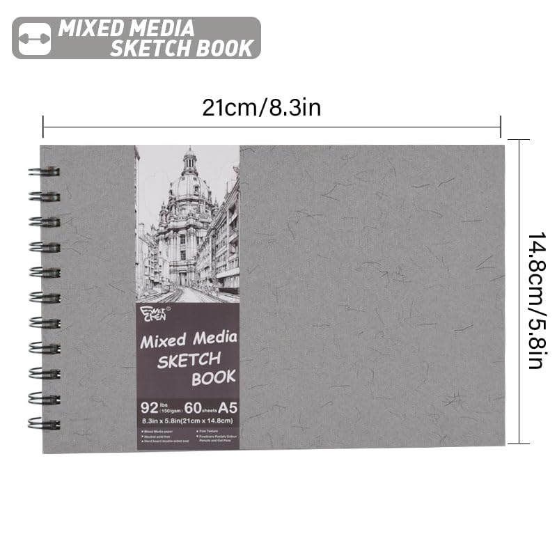 5.8" x 8.3" Mixed Media Sketch Book,Spiral Bound Hardcover Sketchbook,60 Sheets 92lb/150gsm Neutral White Acid Free Paper,Art Journal Sketchbook for Drawing Writing Sketching Illustration,Silver Gray - color: Neutral White-Silver Gray
