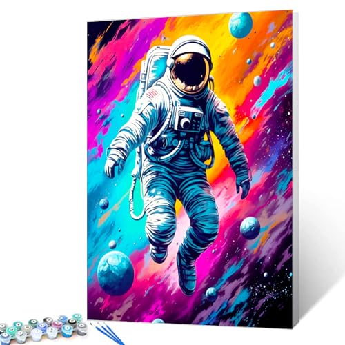 Planet Astronaut on Galaxy Paint by Bumbers for Adults Graffiti Outer Space DIY Paint by Numbers Acrylic Paint Canvas Kitchen Decor Planet Pop Art Painting Kits Pop Decor 16x20 Inch（without Frame ） - color: Space Astronaut 04, size: 16''x20''(DIY Frame)