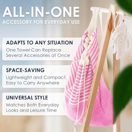 ATANI Turkish Beach Towel, Converts to a Bag, Oversized 100% Cotton Bath Towels Lightweight Quick-Dry Beach Blanket for Travel, Picnic, Camping, Yoga and Pool (Pink, 71 inc x 39 inc) - color: Pink, size: 71 inc x 39 inc