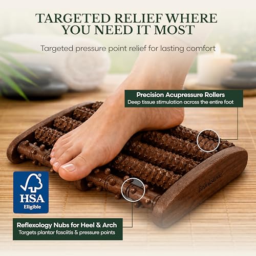 Brookstone Foot Massager Roller Plantar Fasciitis Pain Relief - Wooden Under Desk Feet Massage - Dual Manual Heel Massagers - Wood Rolling Acupressure Tool with Reflexology Guide - Gift for Men, Women - color: Walnut