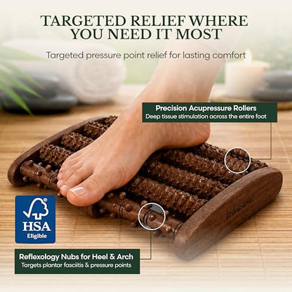 Brookstone Foot Massager Roller Plantar Fasciitis Pain Relief - Wooden Under Desk Feet Massage - Dual Manual Heel Massagers - Wood Rolling Acupressure Tool with Reflexology Guide - Gift for Men, Women - color: Walnut
