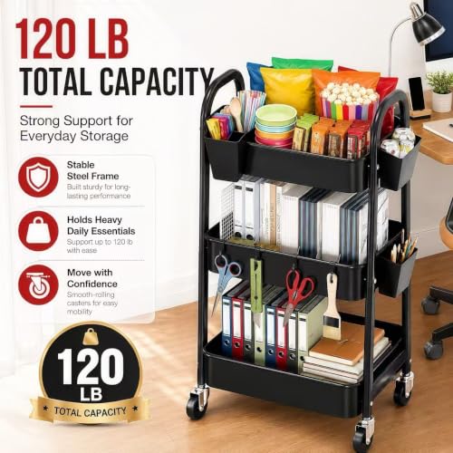 3 Tier Black Rolling Cart with Wheels, Metal Three Tiered Utility Roller Shelf on Wheels, Storage Carts Organizer for Craft, Art Supply, Snack, Laundry, Bathroom, Baby Essentials, Diaper Caddy,Nursery - color: Black