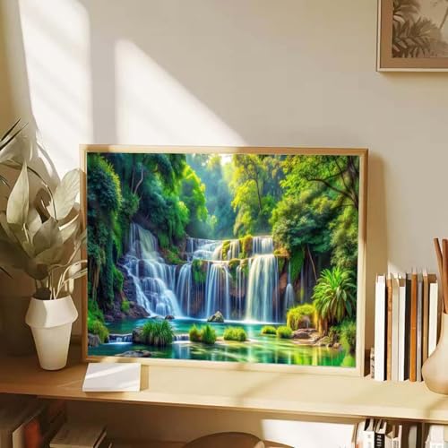 GEMOUJ Forest Waterfall Diamond Art Kits for Adults,Waterfall Landscape 5D Diamond Painting Kits for Adults,DIY Full Drill Round Paint by Diamonds Dot Art Crafts Paintings,Home Wall Decor 12 X 16inch - color: GM8823