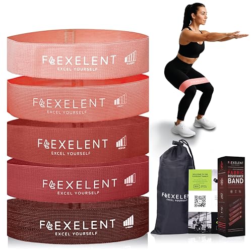 Flexelent Short Fabric Resistance Bands for Working Out, 5 Strength Levels | Soft, Thick, Skin-Friendly Fabric | Color-Coded Strength Levels | With Drawstring Storage Bag - color: Short Red Set
