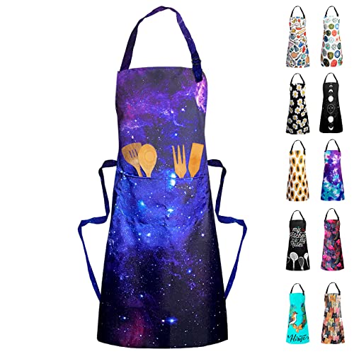 Adjustable Waterproof Apron Bib Apron with 2 Pockets Cooking Kitchen Aprons for Women Men Chef - color: Galaxy Apron