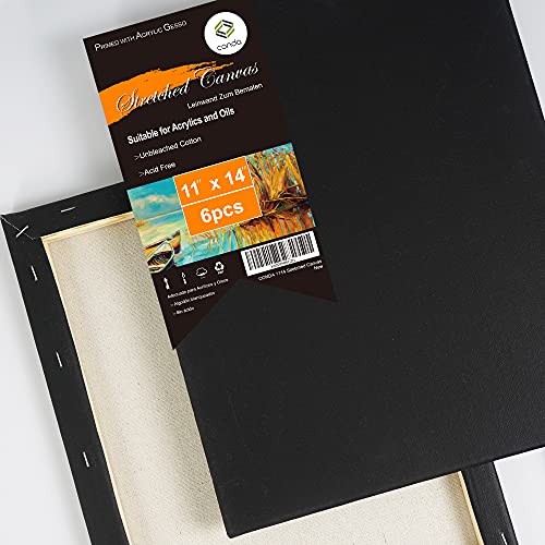CONDA 11x14 inch Black Stretched Canvas, Pack of 6, 100% Cotton, 8 oz Gesso-Primed, 5/8 Inch Profile Value Bulk Pack for Acrylics, Oils Painting - size: 11"x14" 6 Pack