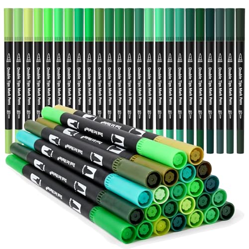 Green Dual Tip Brush Pen,Colored Fine & Brush Calligraphy Pens, Dual Tip Green Markers for Adult Coloring Felt Tip Books Drawing Planner Calendar Art Sketch Outlining Sketching Calligraphy - color: Green