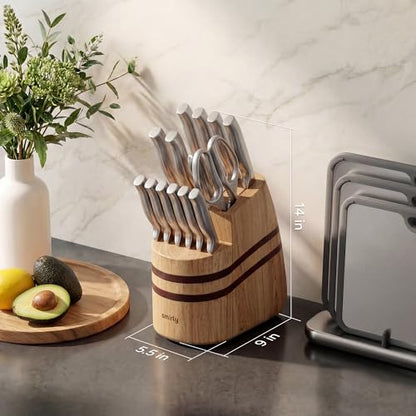 SMIRLY 15 Piece Knife Set with Block for Kitchen - Stainless Steel Knives | Heavy Duty Knife Block with Sharpener Rod, High Carbon Stainless Steel Knives, Dishwasher Safe, Ergonomic Handle