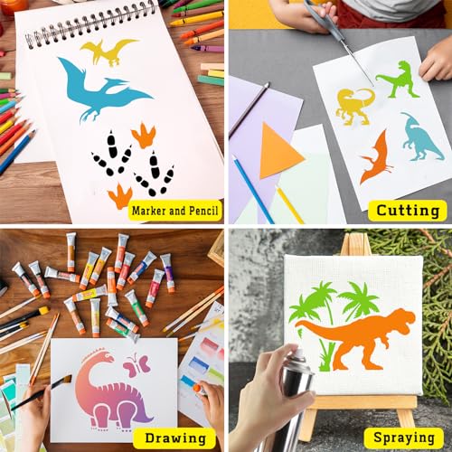 80 Pcs 3 x 3 Inch Stencils for Painting on Wood, Reusable Dinosaur Animal Mountain Plastic Stencils DIY Craft Paint Template Set for Wall Card Rock Home Decor - style: Dinosaur