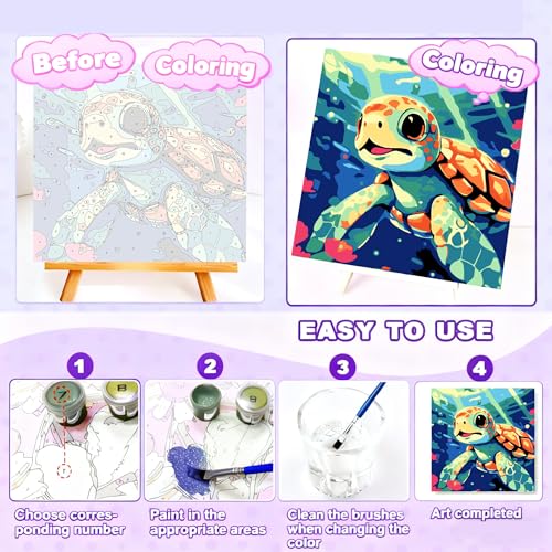 Gemozaic Sea Turtle Paint by Numbers Kit for Kids Ages 4-8-12, 8 x 8 INCH | Paint by Number for Kids with Frame & Easel, Sea Animal Kids Painting by Number for Boys, Girls Gift, DIY Acrylic Painting - color: BKH1887