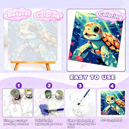 Gemozaic Sea Turtle Paint by Numbers Kit for Kids Ages 4-8-12, 8 x 8 INCH | Paint by Number for Kids with Frame & Easel, Sea Animal Kids Painting by Number for Boys, Girls Gift, DIY Acrylic Painting - color: BKH1887