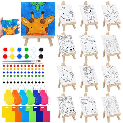 Tenceur 48 Pcs Kids Paint Party Set, 12 Pre Drawn Animal Canvas with Easel | Wooden Easel, Paint Pots, Brushes, Mini Apron, Tote Bag for Art Class, Birthday Parties, Back to School Activities - style: Stylish
