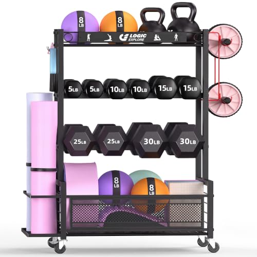 Dumbbell Rack Weight Storage Rack | Adjustable Weight Rack with Wheels, for Home Gym, for Dumbbells, Kettlebells, Yoga Mat, Foam Roller,Workout Equipment