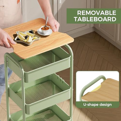 3 Tier Rolling Cart with Table top, Metal Rolling Utility Cart, Sturdy Storage Organizer Cart with Locking Wheels & Hooks for Office, Classroom, Kitchen and Bathroom - color: Green