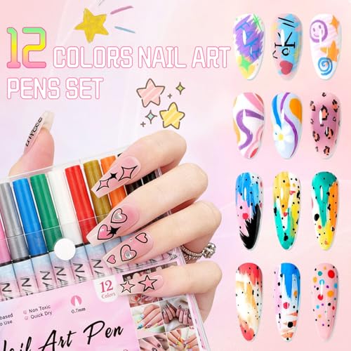 12 Colors Nail Art Pens Set,2026 Upgraded Nail Art Markers for Gel Nails,Quick Dry Long Lasting Nail Polish Pen,DIY 3D Drawing Dotting Painting Nails Liner Brush for Dotting Painting Home Use(B) - color: 12 Colors