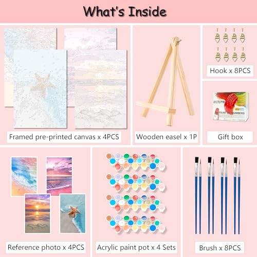 Muzagroo Art 4 Pcs Paint by Numbers Kits for Adults Framed Canvas with Wooden Easel DIY Beach Acrylic Oil Paintings Kits Paint by Numbers on Canvas Wall Art 8x12 inch (Beach) - color: Beach