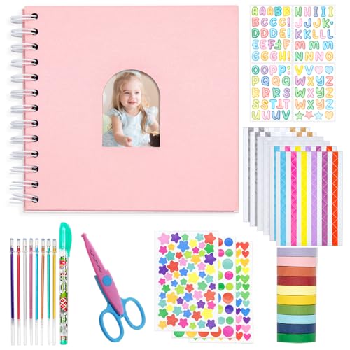 Kid Scrapbook DIY Photo Album Hard Cover Scrapbook Kit for Kids Instant Camera Print Paper with DIY Accessories (Pink) - color: Pink