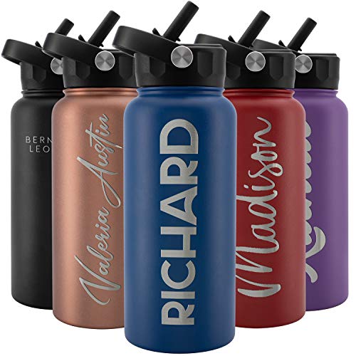 Amazing Items Personalized Water Bottle w/Straw & Lid, 32 oz - Navy Blue | Custom Stainless Steel Sports Water Bottle w/Name and Text - Double Wall, Vacuum Insulated - Rotating Handle - color: Navy Blue, size: 32 Ounces