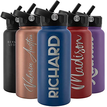 Amazing Items Personalized Water Bottle w/Straw & Lid, 32 oz - Navy Blue | Custom Stainless Steel Sports Water Bottle w/Name and Text - Double Wall, Vacuum Insulated - Rotating Handle - color: Navy Blue, size: 32 Ounces