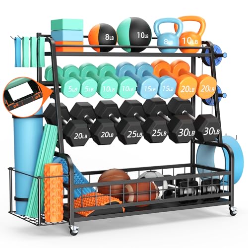 Dumbbell Rack Weight Stand - 4-Tier Adjustable Weight Rack for Dumbbells, Home Gym Storage Rack for Yoga Mat Foam Roller Kettlebells, Workout Equipment Storage Organizer With Wheels and Hooks
