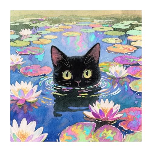 Black Cat Diamond Art Kits for Adults Beginners 14x14 IN, DIY Craft Gift | Cat with Water Lilies Diamond Painting Kits for Adults, Stress Relief, Home Wall Decor, 5D Full Round Drill Gem Art - color: DP-US10