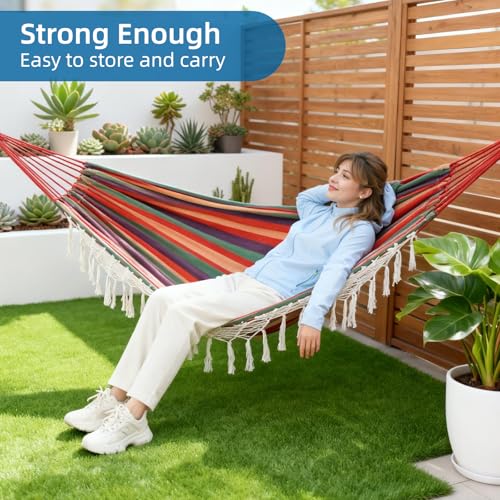 Posprica Brazilian Style Double Hammock with Fringe, 2 Person Patio Hammock for Backyard & Indoor Relaxation, Soft Breathable Fabric, Easy Setup with Straps & Carry Bag, 360 lbs Capacity - color: Red Stripe