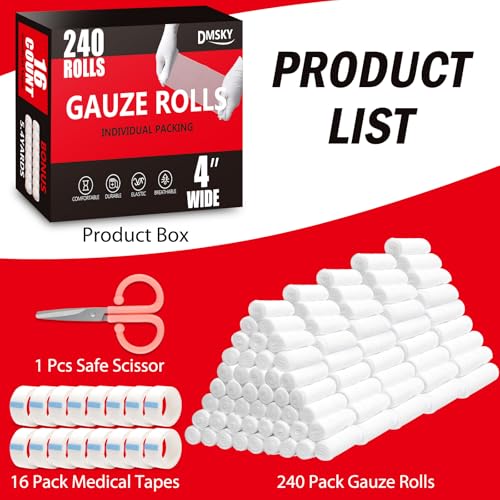 DMSKY 240 Pack Gauze Rolls, 4 in x 4.1 Yards | Individually Wrapped Gauze Wrap Roll for Wounds, Premium Rolled Gauze Bandage Wrap, Mummy Wraps - color: 240 Pack, size: 4 IN