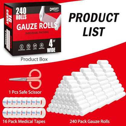 DMSKY 240 Pack Gauze Rolls, 4 in x 4.1 Yards | Individually Wrapped Gauze Wrap Roll for Wounds, Premium Rolled Gauze Bandage Wrap, Mummy Wraps - color: 240 Pack, size: 4 IN