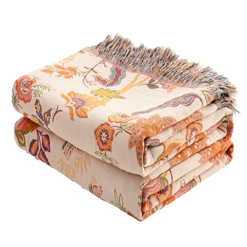 VANJOROY Boho Throw Blanket for Bed Couch 50" x 60", 100% Organic Cotton Skin-Friendly Ultra Soft Quilt Throw - Floral Rustic Living Room Decor Luxury Reversible Blanket for Sofa Chair and Gift - color: Boho-flower-k, size: Throw (50" X 60")