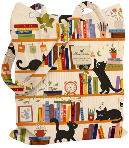 Miss Adola Corduroy Tote Bag for Women with Aesthetic Design | Magnetic Buckle & Pocket, Reusable, Soft, Roomy, Long Shoulder Handles, Double-sided Print, Casual Daily Work, Grocery Bags - color: Wt Bookshelf Black Cat