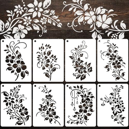 YKW 8 Pack Floral Stencils for Painting, Reusable Plant Spray Paint Templates - Large 11x8 Flower Patterns for Wall, Fabric, Wood,Stone - DIY Home Decor (Plant-Flower) - style: Plant-flower