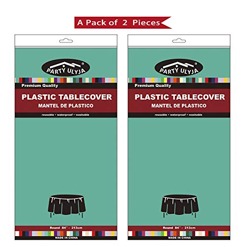 Teal Plastic Tablecloths 2 Pack Disposable Table Covers 84 Inch Circle Bridal Shower Party Tablecovers PEVA Vinyl Table Cloths for BBQ Picnic Birthday Wedding Banquet Parties 6 ft Round Table Use - color: B02 Teal