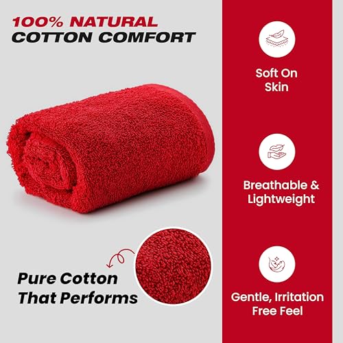 EOC Sports Towel 2 Pack, 100% Cotton, 12x51 in, Red | Oeko-Tex certified, ultra absorbent, quick drying, for gym, fitness and yoga - color: Red