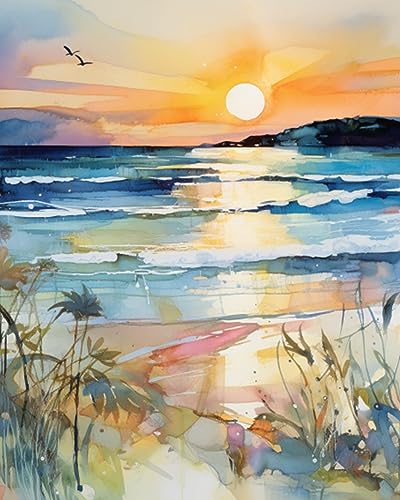 Sunset Beach Sea Landscape Paint by Numbers Kits 16x20 inch Canvas DIY Oil Painting for Kids, Students, Adults Beginner with Brushes Acrylic Pigment Graffiti Abstract Beach Photo Gift(without Frame) - color: Abstract Beach 02, size: 16''x20''(Frameless)