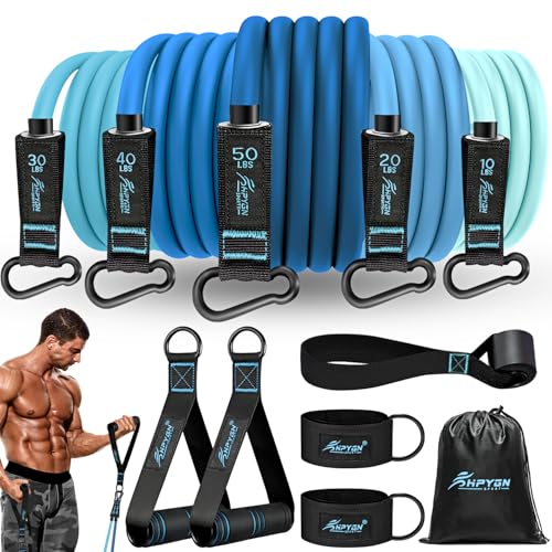 HPYGN Resistance Bands, Exercise Bands with Handles, Fitness Bands, Workout Bands with Door Anchor and Ankle Straps, for Heavy Resistance Training, Physical Therapy, Shape Body, Yoga, Home Workout Set - color: blue, style: 150LBS